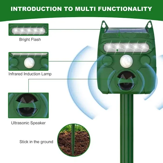 Solar Ultrasonic Animal Repeller, Cat Repellent Outdoor, Dog, Squirrel, Raccoon, Skunk, Rabbit, Rodent, Fox, Deer, Bird etc.Motion Detection, LED Flashing Light UQP