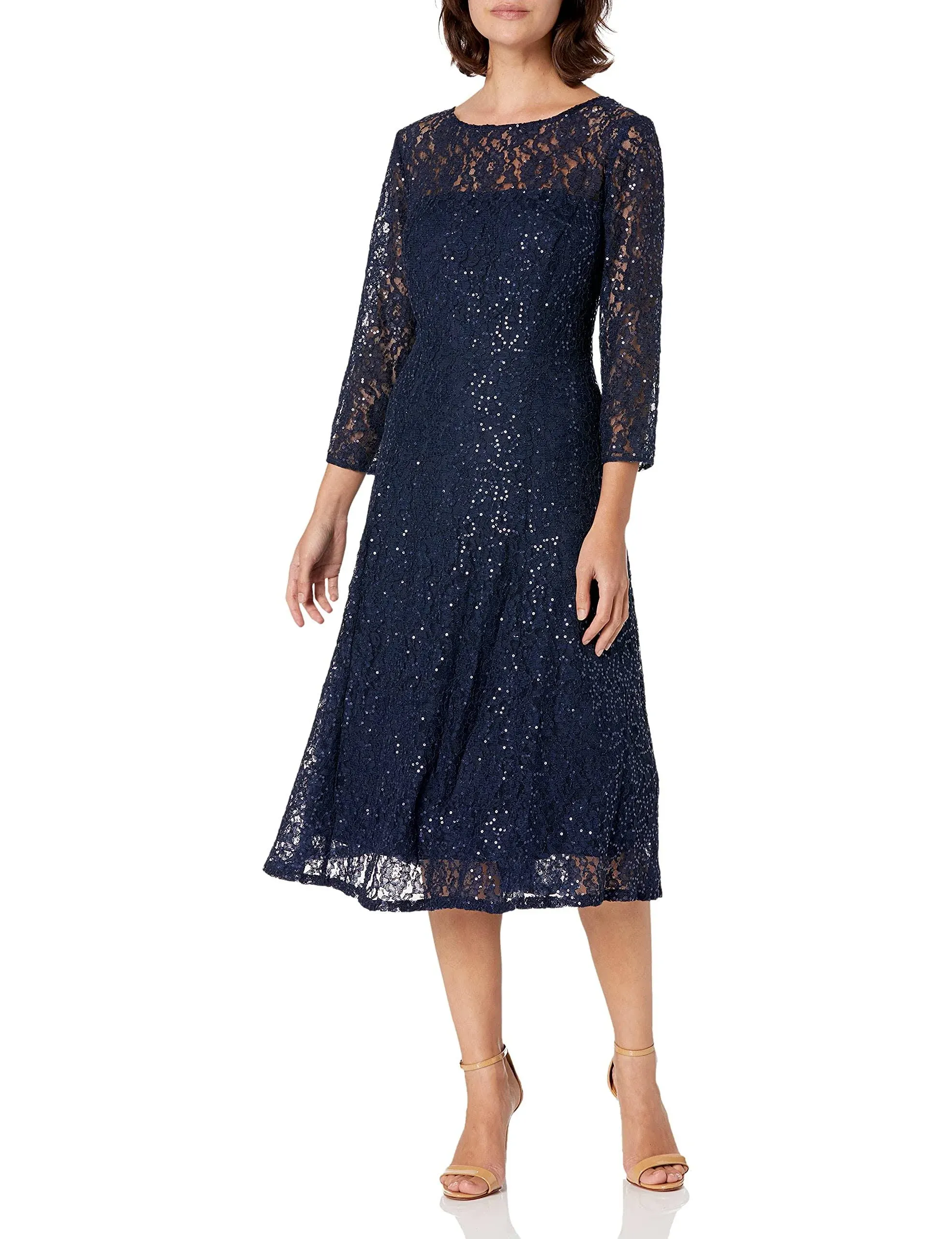 S.L. Fashions Women's Midi Length Sequin Lace Fit and Flare Dress (Missy Petite)