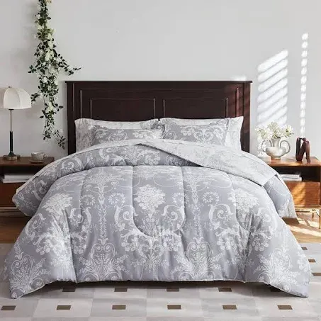 Great Choice Products Gray Cotton Bed in A Bag 7 Pieces Queen Size Floral Comforter Sheet Set White Flowers Leaves Bedding Set (1 Comforter 2 ...