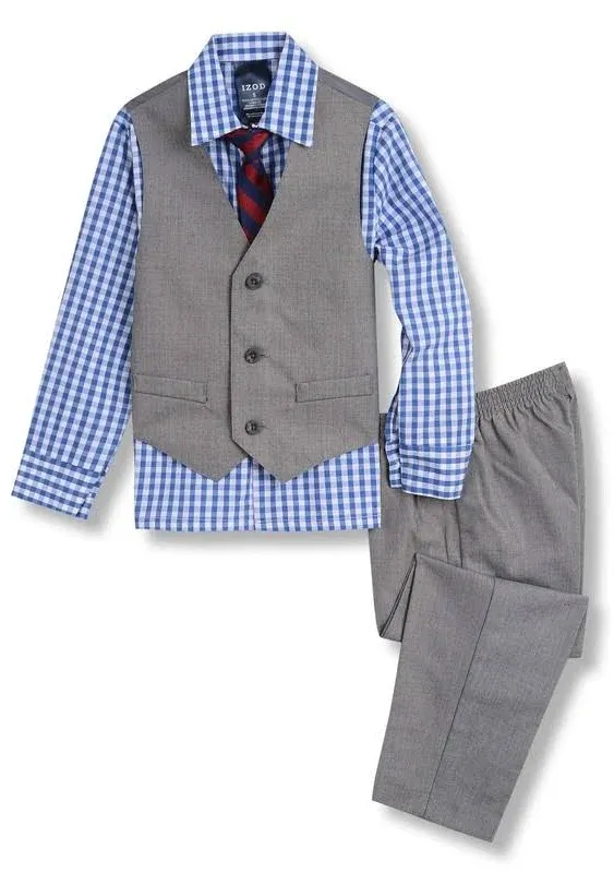 Izod Little Boys 4-Piece Formal Suit Vest Set, Medium Blue/Grey, 6