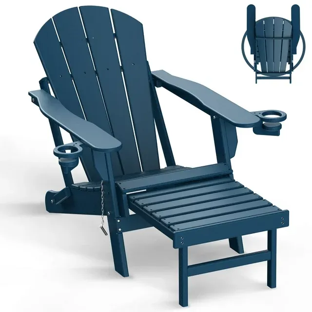 Folding Adirondack Chair with Ottoman Hdpe Poolside Chairs Holders & Footrest