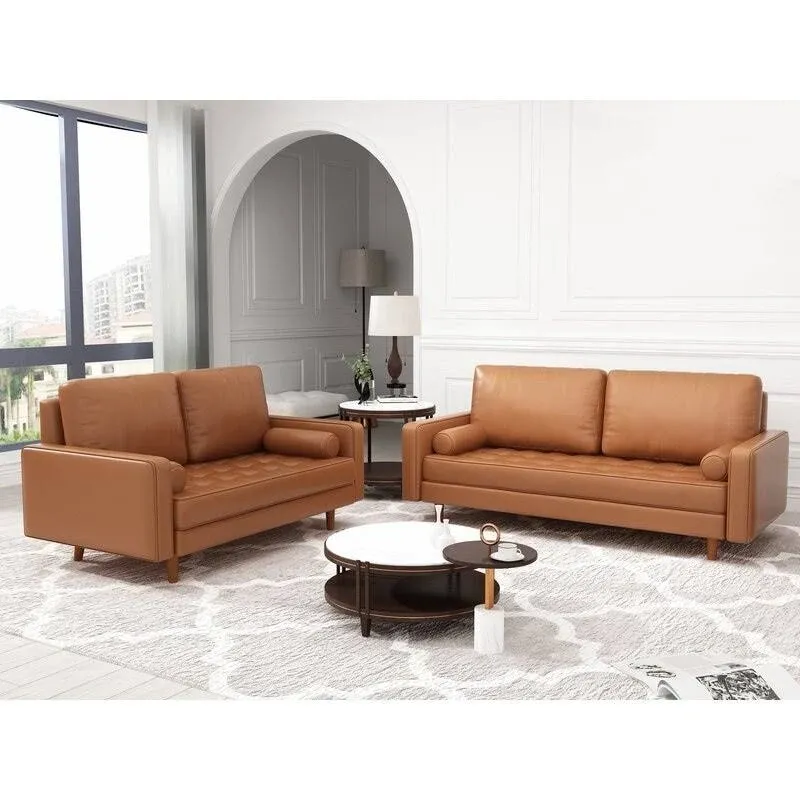 Overstock 2 Piece Mid-Century Square Arm Leather Sofa Living Room Set