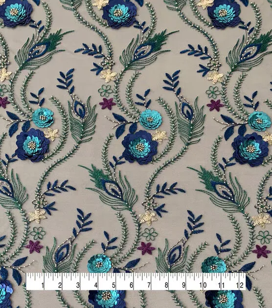 3D Sequins with Peacock Floral on Navy Blue Mesh Fabric