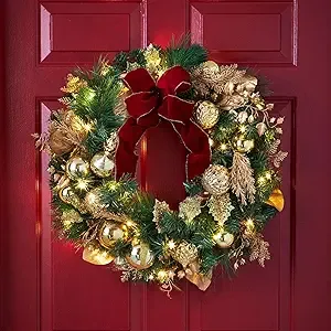 BrylaneHome Pre-Lit Regal 24" Wreath - Burgundy Gold