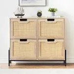 Natural Rattan 4 Flip Down Free-Standing Shoe Rack, Shoe Cabinet Wood Organiz...