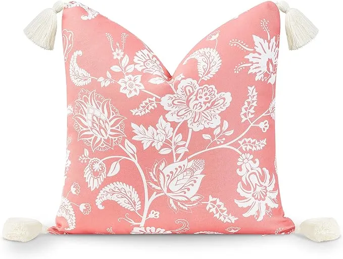 Hofdeco Premium Coastal Patio Indoor Outdoor Throw Pillow Cover Only, 18"x18" Water Resistant for Backyard, Couch, Coral Pink Floral Tassel