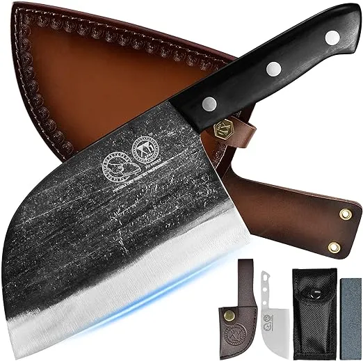 XYJ Authentic Since 1986,Outstanding Ancient Forging,6.7 Inch Full Tang,Serbian Chefs knife,Chef Meat Cleaver,Kitchen Knives,Set with Leather Sheath,Take Carrying,Butcher