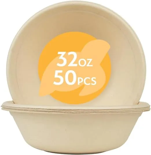 Earth's Natural Alternative 100% Compostable Paper Bowls [32oz 50 Pack] Soup Bowls, Pasta Bowls, Cereal, Salad, Ice Cream, Disposable Bamboo Large