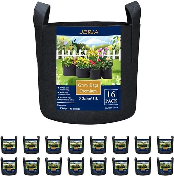 JERIA 16-Pack 10 Gallon Grow Bags, Heavy Duty Thickened Nonwoven Fabric Pots Container with Reinforced Handles, Vegetable/Flower/Plant Grow Pots Come with 16 Pcs Plant Labels