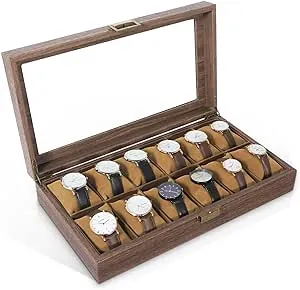 Uten Watch Box 12 Slots, Watch Case Organizer with Real Glass Lid, Wood Grain PU Leather Watch Display Storage Box with Removable Imitation Suede Watch Pillows, Metal Clasp