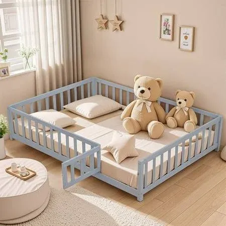 Wooden Floor Platform Bed with Fence and Door for Kids