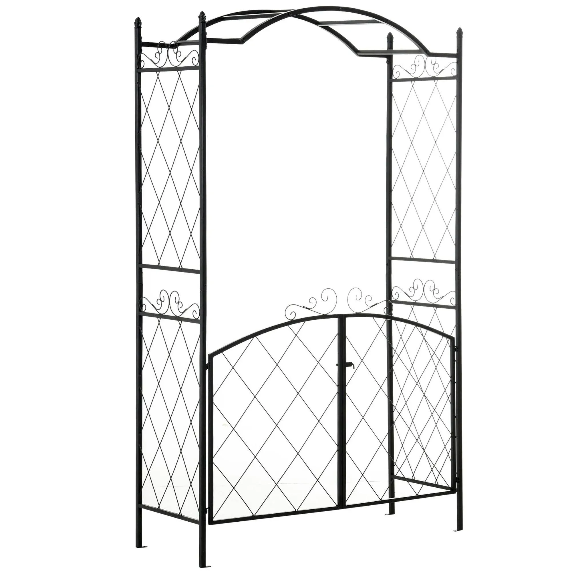 Outsunny 85'' Metal Garden Arbor with Gate, Outdoor Steel Arch with Scrollwork ...