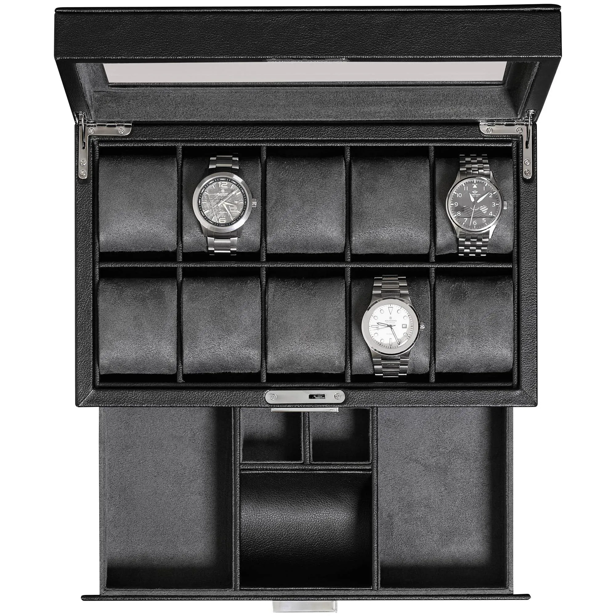 ROTHWELL 10-Slot Watch Box in Leather with Valet Drawer, Luxury Watch Case Display Organizer with Ultra Soft Microsuede Liner, Jewelry and Sunglass Holder With Large Glass top (Black/Grey)