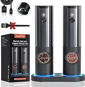 Electric Salt and Pepper Grinder Set Rechargeable, No Battery Needed, One Hand Operation, Automatic Pepper Mill Refillable, Stainless Steel, Adjustable Coarseness, LED Light