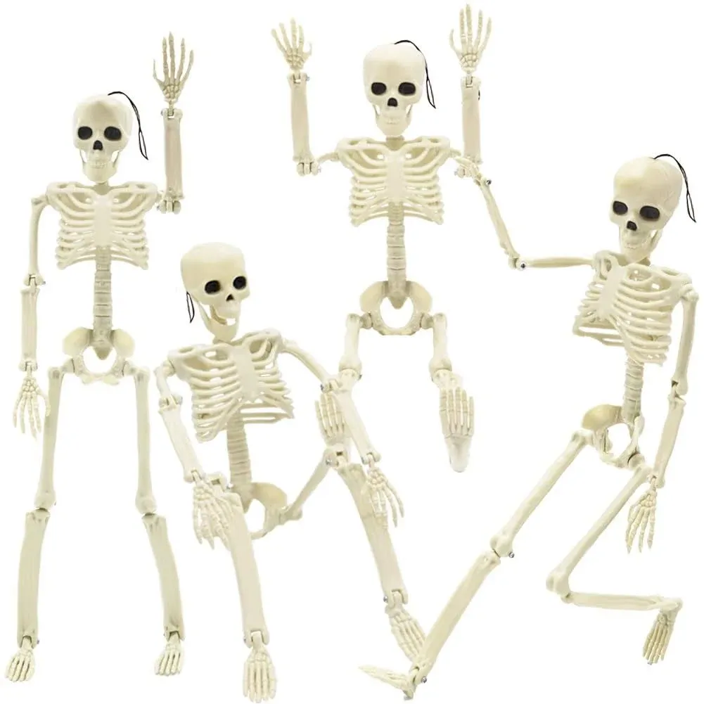 4 Packs Posable Halloween Skeleton, Full Body Skeleton Decoration Movable Posable Joints Skeletons, Scary Plastic Skeleton Halloween Skull Decor for Yard Garden Lawn Haunted House Graveyard Props