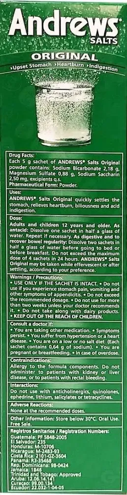 Andrews Salts Original Instant Relief from Upset Stomach, Heartburn, Indigetsion- 50 sachets