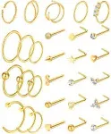 ONESING 29 Pcs Gold Nose Rings for Women 20g Nose Piercings with Nose Rings Hoops L Shaped Nose Screw Surgical Stainless Steel Nose Studs CZ Heart