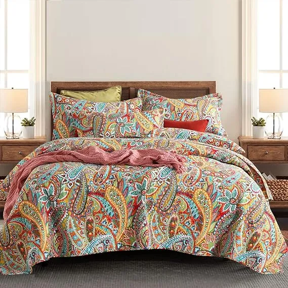 Autumn Dream Cotton Bedspread Quilt Sets, 3 Pieces Reversible Comforter Coverlet Sets, Yellow Gorgeous Paisley,Queen Size