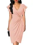 oten Womens Deep V Neck Ruffle Sleeve Sheath Casual Cocktail Party Work Faux Wrap Dress