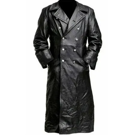 Mens Leather Trench Coat Full Length Black Classic Faux Leather Long Coat