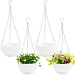 4 Pcs 8 inch Hanging Planter Pots,Self-Watering Round Hanging Basket with Water Tray and Metal Chain,Succulent Flower Plant Pot Container for Indoor Outdoor Garden Balcony Wall Decor,White