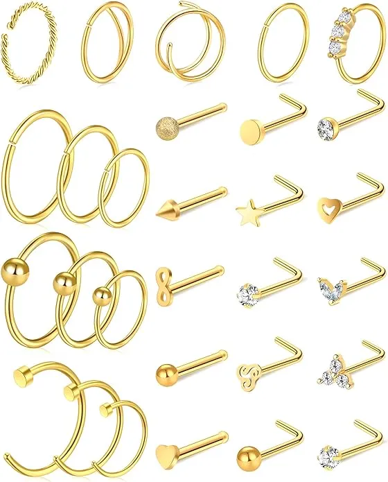 ONESING 23-40 Pcs Gold Nose Rings for Women 18G 20G Nose Piercing Jewelry L Shape Nose Studs Nose Rings Hoop Nose Jewelry Gold Stainless Steel Studs Screw Body Piercing Jewelry for Women Men