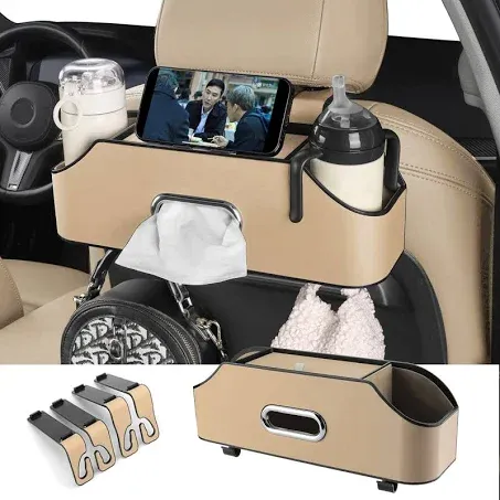 HOLDCY Car Back Seat Organizer with 2 Drink Cup Holder - Tissue Box and Storage Box Hook - Multi-functional Storage - Great for Kids and Travel (Beige)