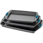 Rachael Ray Nonstick 3-Piece Bakeware Cookie Pan Set - Gray with Marine Blue Grips