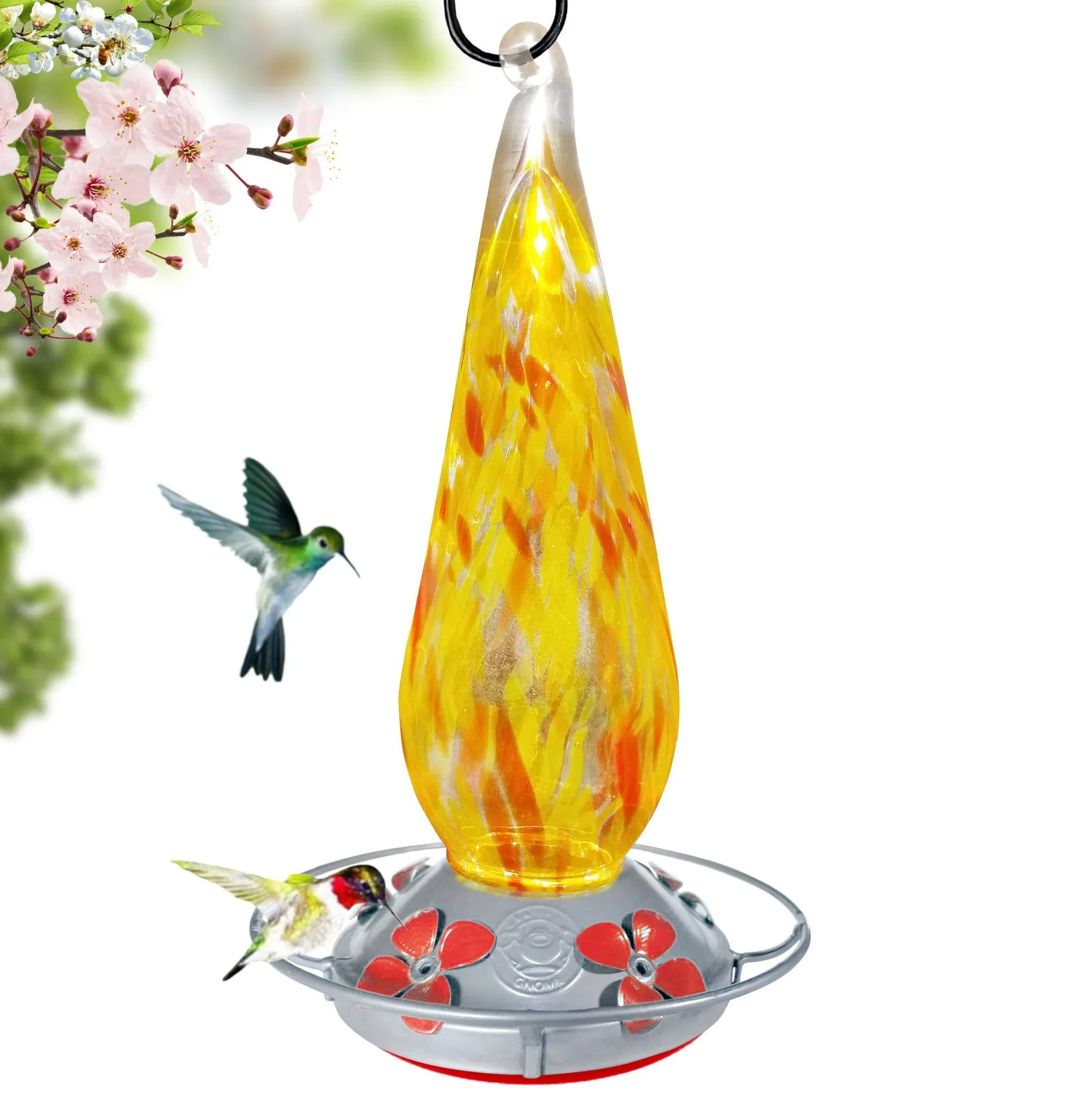 Grateful Gnome - Hummingbird Feeder - Hand Blown Glass - Tall Red and Yellow Daisies- 26 Fluid Ounce