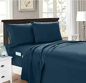 Elegant Comfort 4-Piece Full- Smart Sheet Set! Luxury Soft 1500 Premier Hotel Quality Wrinkle and Fade Resistant with Side Storage Pockets on Fitted Sheet, Full, Navy Blue