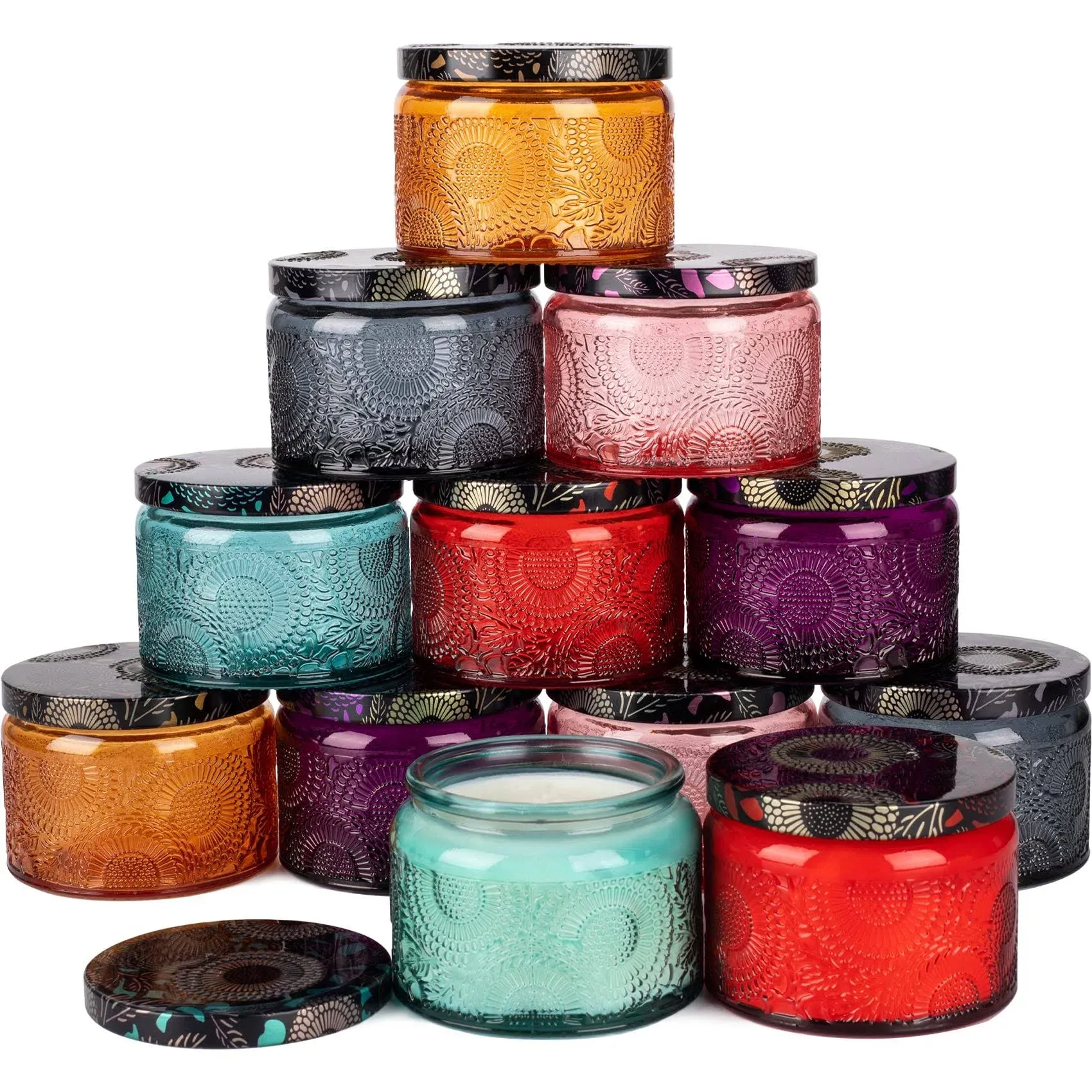 4oz Embossed Glass Candle Container with Tin Lid and Labels Pack of 12 Multic...