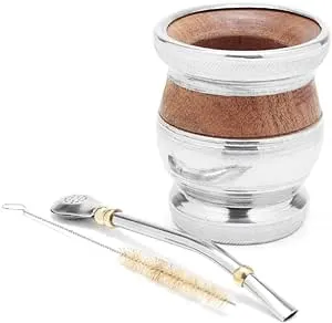 BALIBETOV Yerba Mate Wood Gourd Set - Traditional Carob and Aluminum (Mate Cup) with Bombilla (Yerba Mate Straw) (Wood With Aluminum Base) (Carob Wood With Aluminum Rim&Base)