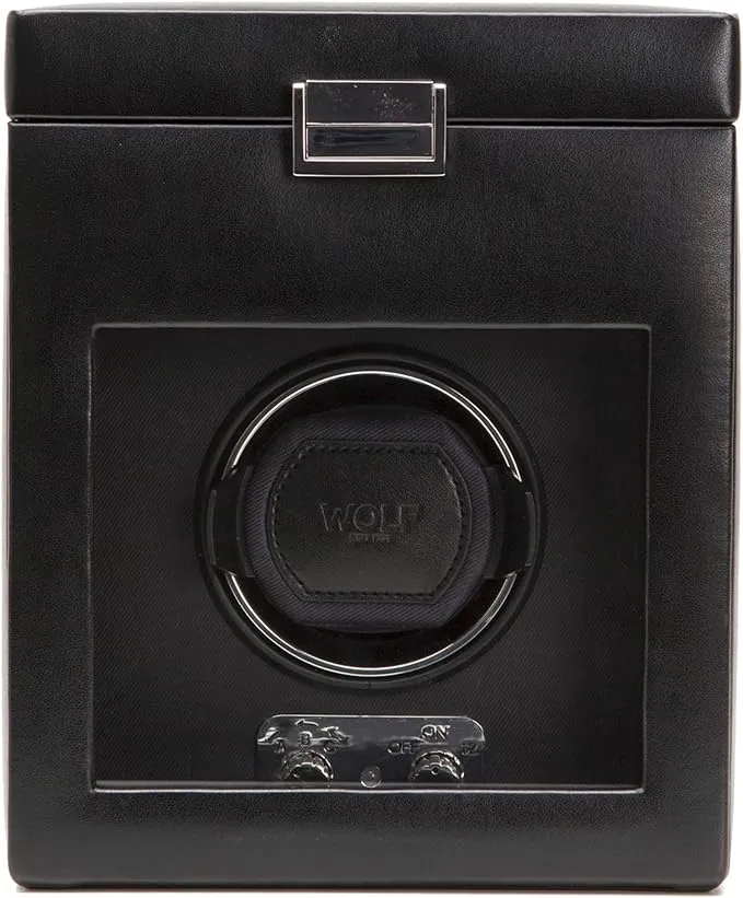 WOLF Designs Heritage Single Winder with Storage, Black - Secure Fit with Patented Lock-in Dynamic Cuff - for Bigger, Heavier Watches - Vegan Leather & Glass Cover - Includes Universal Adapter