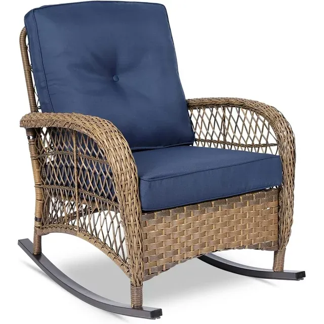 Vivijason Outdoor Wicker Rocking Chair, Patio Rattan Rocker Chair with Cushions & Steel Frame, All-Weather Rocking Lawn Wicker Furniture for Garden