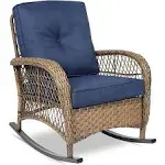 VIVIJASON Outdoor Wicker Rocking Chair, Patio Rattan Rocker Chair with Cushions & Steel Frame, All-Weather Rocking Lawn Wicker Furniture for Garden Backyard Porch (Beige)