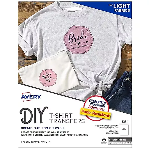 Avery Light Transfer Paper for T-Shirts, 2" x 3" Pre Die-Cut Iron-On Rectangle Transfers, Print-to-the-Edge, 3 Sheets of Heat Transfer Paper, 24 Total (02234)