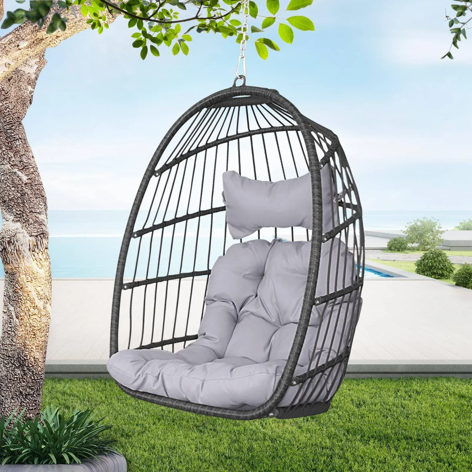 Swing Egg Chair Without Stand Indoor Outdoor Wicker Rattan Patio Basket Hanging Chair no Stand with UV Resistant Cushions 265lbs Capacity for Bedroom Balcony Patio (Light Grey)