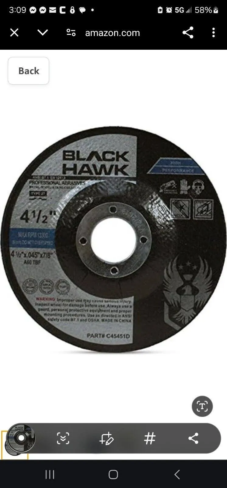 BHA Metal and Stainless Steel Depressed Center Cut Off Wheels for Angle Grinders C45451D