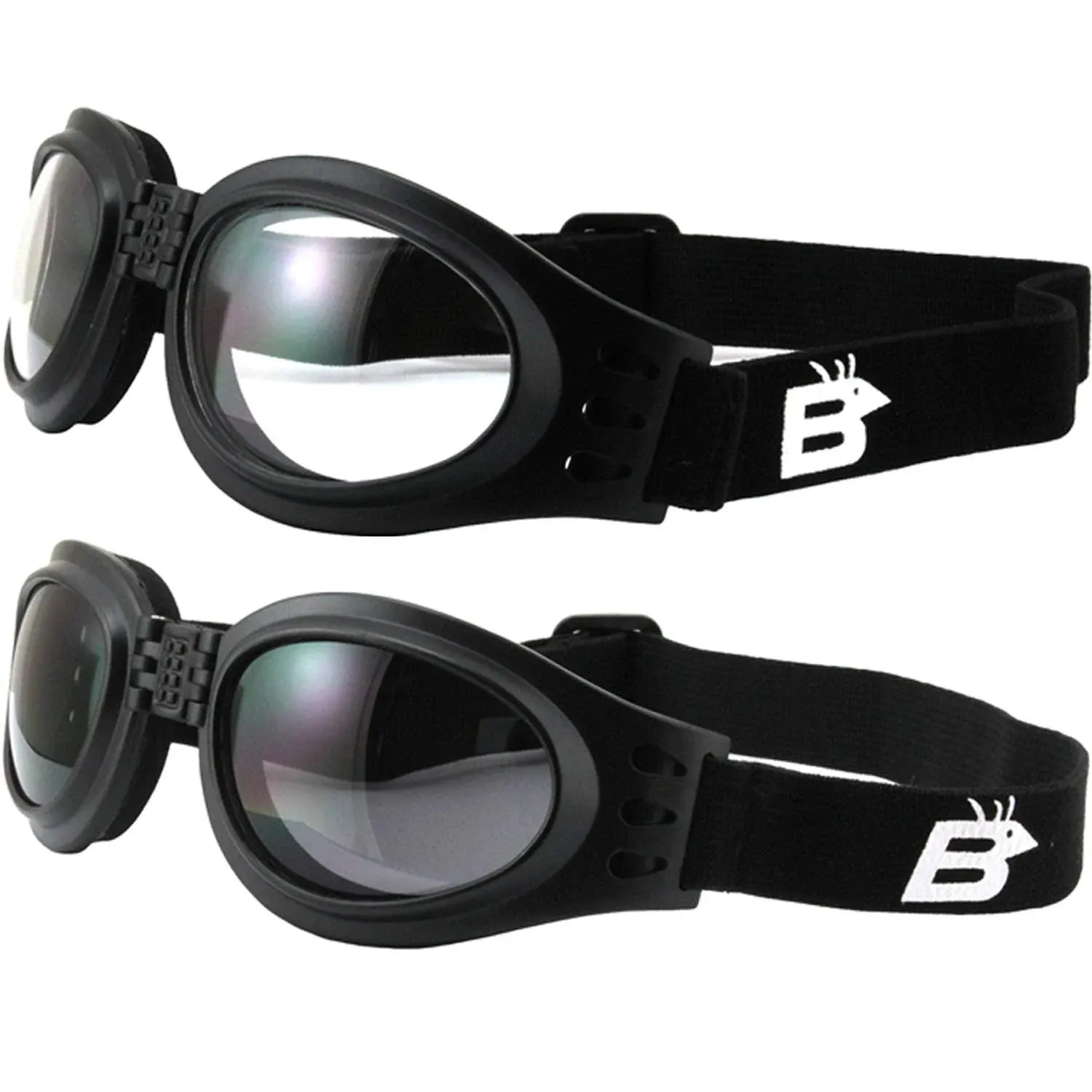 2 Pairs of Birdz Eyewear Parrot Black Folding Padded Motorcycle Goggles Clear & Smoke Lenses for Men & Women