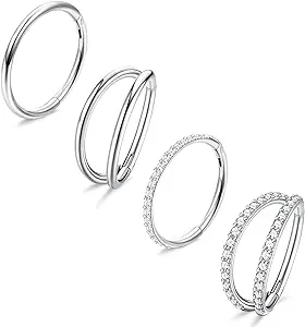 Dochais 4PCS 18G Nose Rings Hoops, Surgical Steel Earrings Tragus Septum Piercing CZ Clicker Septum Ring Hinged Segment Septum Conch Lip Cartilage Double Hoops 8mm 10mm For Women Men