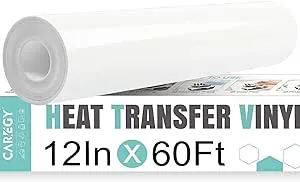 CAREGY Heat Transfer Vinyl White Iron on Vinyl-12 x 60Ft HTV Vinyl Roll Easy to Cut & Weed for Heat Vinyl Design