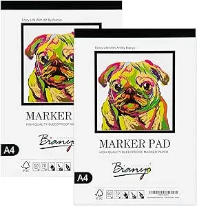 Bianyo Bleedproof Marker Paper Pad, A4(8.27"X11.69"), 50 Sheets/Pad, Pack of 2 Pads, 18 LB / 70 GSM, Glue-Bound, 100% Cotton, White, Ideal for Use with Markers and Ink Mediums