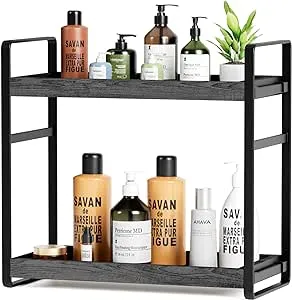 2-Tier Adjustable Bathroom Organizer Countertop: No Tools Quick Installation Counter Shelf for Storage Wood Corner Bathroom Rack for Vanity Kitchen Under Sink- Tiered Tray Makeup Stand Organizers