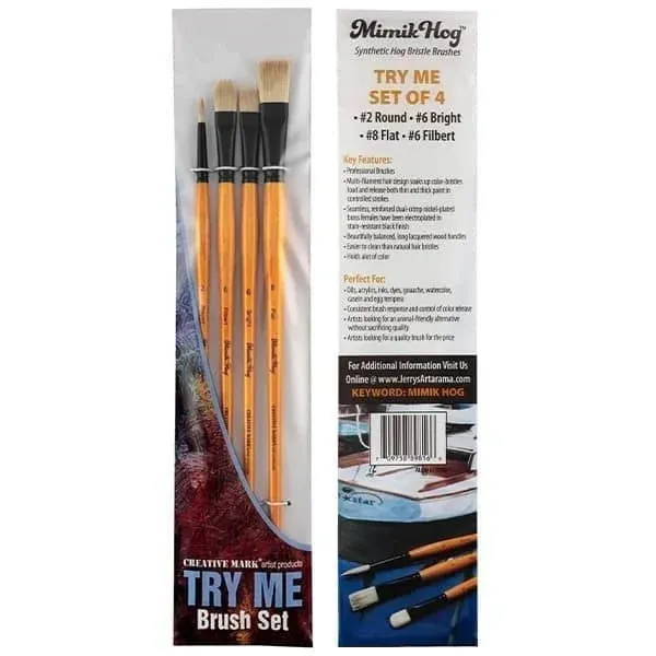 Mimik Hog Professional Synthetic Hog Bristle Paint Brush - Try-Me Set of 4 - Versatile Alternative to Natural Hog Hair Paint Brushes for Oil Painting, Acrylics, Inks, Dyes, Gouache, Watercolors & More