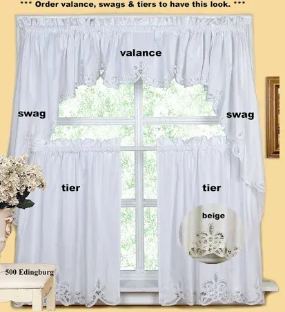 Creative Linens Battenburg Kitchen Curtain Valance Tier Swag White Beige