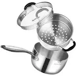 Tri-PlyStainle<wbr/>ss Steel Saucepan，Steam<wbr/>er,2.5Qt，Pour Spout,Lid,Stay<wbr/>-cool Handle.