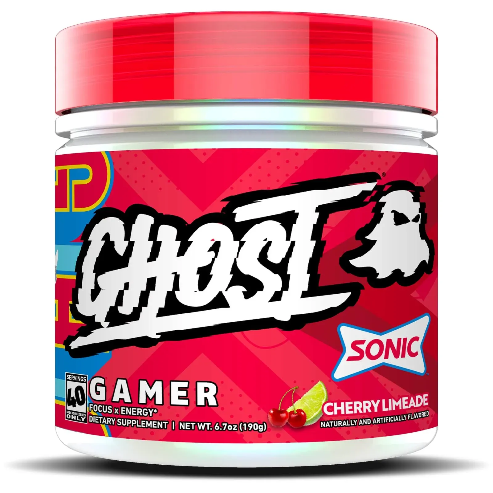 GHOST Gamer: Energy and Focus Support Formula - 40 Servings, Sonic Cherry Limeade - Nootropics & Natural Caffeine for Attention, Accuracy & Reaction Time - Vegan, Gluten-Free