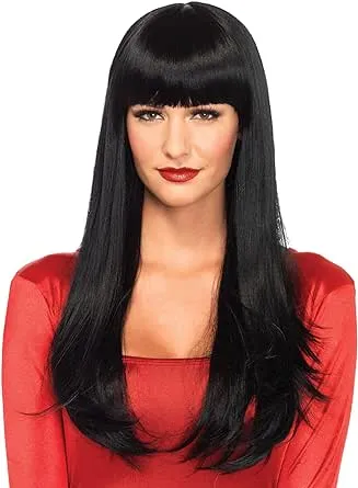 "Women's Black Long-Haired Wig with Long Bangs"