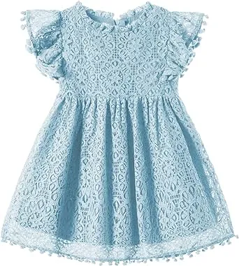 Niyage Toddler Girls Elegant Lace Pom Pom Flutter Sleeve Party Princess Dress