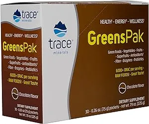 Trace Minerals | Greens Pak | Powder Drink Mix Dietary Supplement for Adults and Kids | 50+ Super Foods, Raw Vegetables, Antioxidants, Fiber, Enzymes, Probiotics | Natural Berry Flavor | 30 Packets